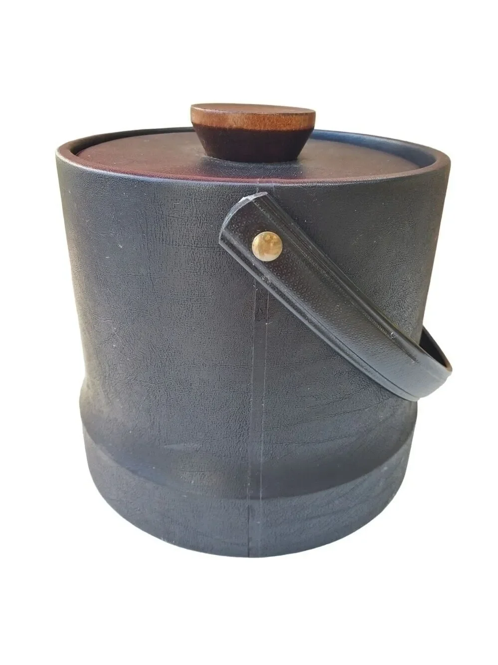 Vintage MCM faux leather Ice bucket with Lid and tongs